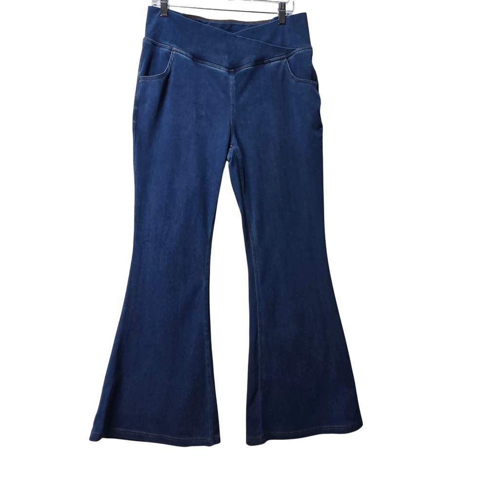 Halara Flare Jeans XL Blue Crossover High Waist Wide Leg Pull On Denim #1625 - Picture 2 of 7